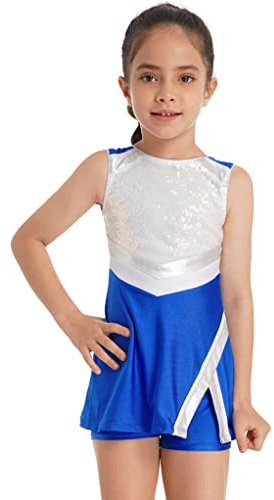 TTAO Mädchen Tenniskleid Kinder Ärmellos Pailletten Glitzer Team Tennis Outfit Golfkleid Mit Shorts Sportbekleidung Fitness Freizeitkleid Casual Königsblau 146-152
