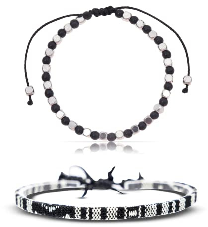 Made by Nami Boho Surfer-Armband 2er Set Herren & Damen - Handmade Strand Festival Accessoires - Perlen-Armband Männer Frauen - 100% Wasserfest & verstellbar (Schwarze Perlen ES Boho)