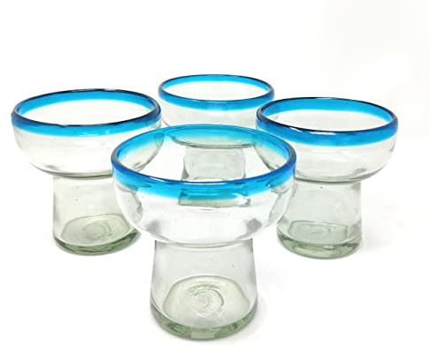 Dos Sueños Mexican Hand Blown Glass – Set of 4 Hand Blown Stemless Aqua Rim Margarita Glasses (14oz)