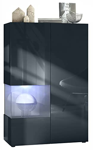 Vladon Vitrine Morena V2, Made in Germany, Standvitrine mit 2 Türen und Glaseinsatz, Schwarz matt, Fronten Schwarz Hochglanz, Cube Grau Hochglanz inkl. LED-Beleuchtung Weiß (91,5 x 136,5 x 37 cm)