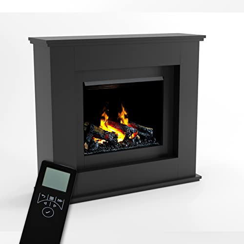 GLOW FIRE Wasserdampf Kamin Athene (Standkamin) - Elektrokamin mit Heizung und Kaminfeuer - Kaminkonsole aus Holz mit patentiertem Opti-myst-LED Kamineinsatz, 122x118x37 cm - Grau