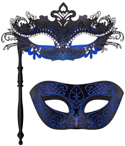SIQUK 2 Stück Venezianische Maske Paar Maskerade Maske mit Stab Karnevalsmaske Augenmaske für Damen Herren Halloween Karneval, Schwarz & Blau | Kostüm Karneval Maske für Paare Damen und Herren