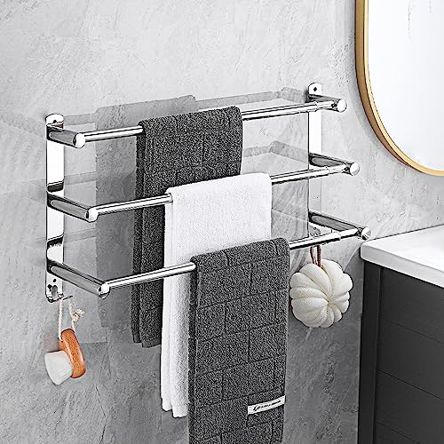 HONPHIER Adjustable Towel Rails 43-78CM Bath Towel Racks Stainless Steel Towel Shelves with Hooks Wall Mounted Towel Holders Towel Bar for Kitchen Bathroom, Black (Silver 3-Tier)