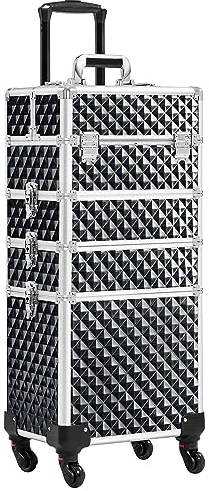 Yaheetech 4-in-1 Kosmetikkoffer, Trolley Schminkkoffer, Großer Make up Koffer, Abschließbar Multikoffer Friseurkoffer Beauty Case mit Rollen und Schublade, Glitzer Schwarz