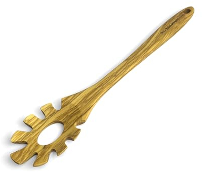 WONDERFUL 13.5 Inch Long Olive Wood Spaghetti and Pasta Server with Measurer, Ideal Spaghetti Server, Pasta Forks and Ladle