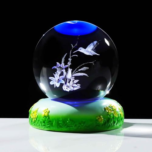 Ornalrist 2.36 3D Lily Flower and Hummingbird Crystal Ball Gifts for Women | with LED Base, Glass Lily Floral Sphere for Flower Lovers, Collectable Keepsake for Friend, Flowers Figurine Home Ornament