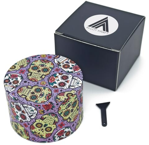 Grinder metal XL 63mm ALLOY KRAFT | Cuchillas Ultra Afiladas con Impresión Premium 360º | Grinder 4 piezas rascador de polen para especias y hierbas | Dibujos calavera mexicana (calavera 2)