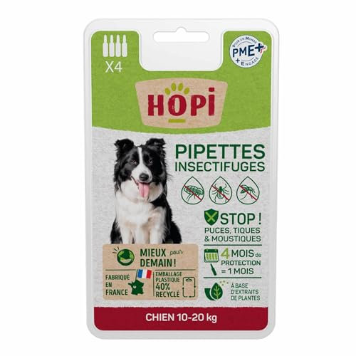 HOPI Pipette Anti Puces Chien Entre de 10 et 20 kg - 4 Mois de Protection - Idéal pour repousser Les Puces, Les Tiques et Les Moustiques - Extraits de Plantes - Fabriqué en France