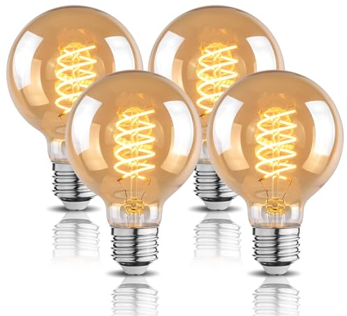 G25 Globe LED Edison Light Bulbs, 6W Equivalent to 60W, 2500K Warm White Flexible Spiral Filament Light Bulbs, Dimmable Vintage LED Bulb, G80 Antique Edison Bulbs, Amber Glass, E26, 4 Pack
