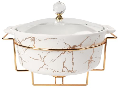 jinsongdafa 8.7 Ceramic Casserole Dish with Glass Lid and Gold rack, 2 Quart Serving Soup Tureen,Chafing Dish for Buffet, Family Food preserve Tray, Catering Casserole for Party Style