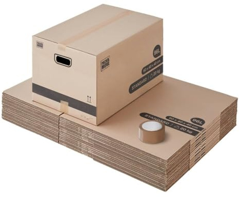 Pack and Move – Packung mit 20 großen L-Umzugskartons – 40 x 60 x 40 cm – verstärkte Griffe – 1 gratis Kleber