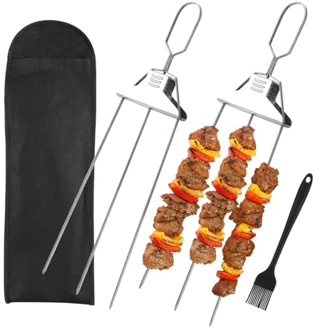 3 Way Metal Skewers, 2Pcs Stainless Steel Grill Skewers with Brush & Storage Bag, Easy to Use Push Rod Slider