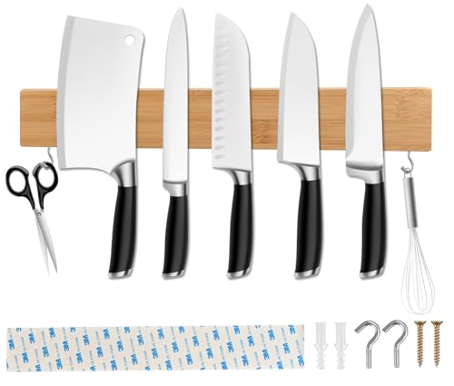 Herboom Magnetleiste Messer aus Bambus 40cm, Magnet Messerhalter, Selbstklebend mit Klebeband, Universeller Messerhalter Magnetisch für Utensilien und Werkzeuge, mit Zubehör zum Bohren