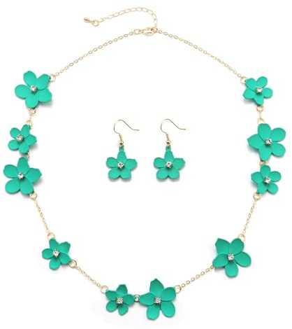 EVER FAITH Blume Choker Halskette Grün Emaille Lätzchen Halsketten mit Ohrringen Sommer Strand Schmuck für Damen Mädchen