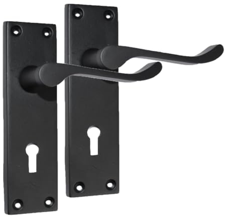 Epsom Door Handle Victorian Scroll Matt Black Lock Set – Backplate Design 150mm x 42mm – Supplied with 3-Lever Mortice Sash Mechanism – 6 Pairs