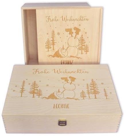 Feenstaub Personalisierte Holzbox mit Deckel, Geschenkbox Weihnachten, Holzkiste mit Deckel graviert mit Namen, Geschenkverpackung Weihnachten, dekorative Holzkiste mit Gravur, Holz Box Schneemann