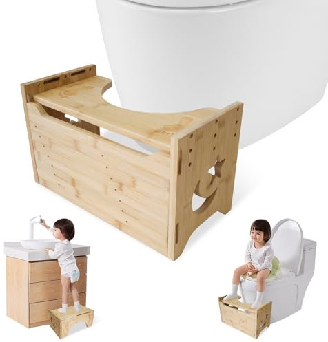 Whemyreat Kinder Holz Toilettenhocker,Tritthocker DREI HöHen-Verstellbar Kackhocker Badezimmerhocker Wc Hocker FüR NatüRliche Und Bequeme Ausscheidung,Rutschfester Squatty Potty Hocker,40*20*23.5cm