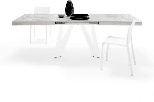 MOBILI FIVER, Ausziehbarer Esstisch Romina 160(240) x90 cm, Grauer Beton, Weiße Eisen Beine, Made In Italy