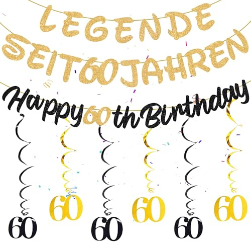 Girlande Geburtstag 60. Männer Frauen - 42 Stücke Geburtstagsdeko Banner, Schwarz Gold Dekorationen Spiralen Hängedeko Happy 60th Birthday Hängende für Geburtstag Party