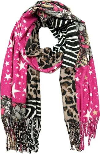 XXL Leopard Blumen Stern Herbst Schal Winter Schal Stola Tuch Übergangsschal Wolle Baumwolle mit Fransen Leo