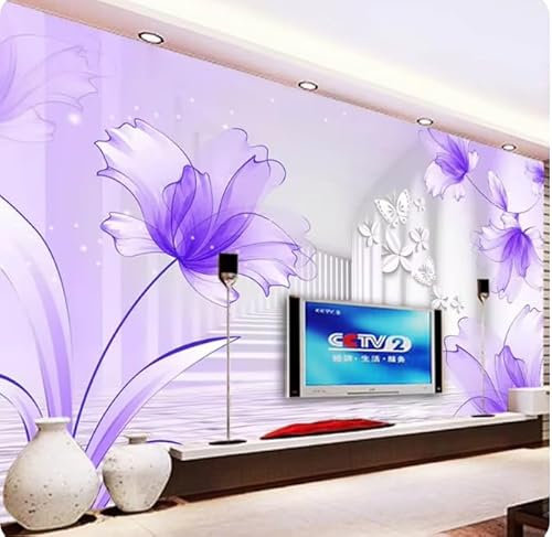 3D-Tapete, lila Blumen, weißer Flur, Wandbild, 3D-Fototapete, kreative Hintergrundtapete, 3D, 300 x 210 cm