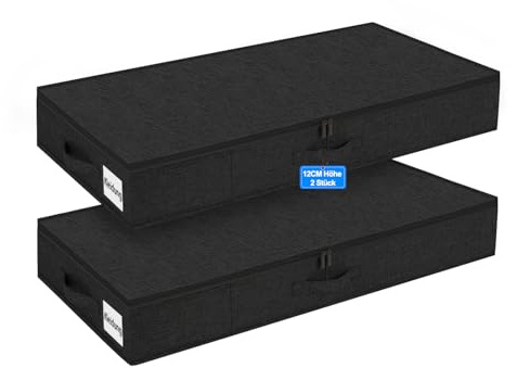 Unterbettboxen mit Deckel, 40L, 12 cm hoch, formstabil, 2er-Set, Schwarz | 3 verstärkte Griffe, Doppelreißverschluss, wasser- und staubdicht, faltbar, für Bettdecken, Kleidung und Schuhe