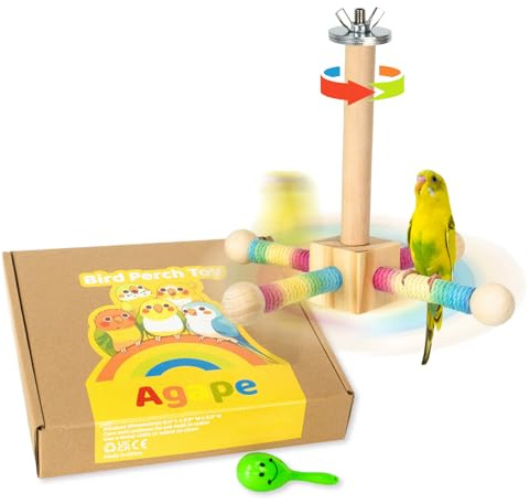 Agape Bird Toy, Parrot 360° Interactive Rotating Perch, Bird Cage Accessories for Small and Medium Parrots to Expend Energy, Wooden Stand for Parakeets Cockatiels Lovebirds Conures Finches Budgies