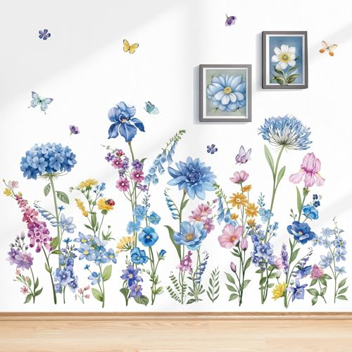wondever Wandtattoo Blaue Garten Blumen Wandaufkleber Wildblumen Blumen Bunt Gras Schmetterling Wandsticker Wanddeko für Wohnzimmer Schlafzimmer