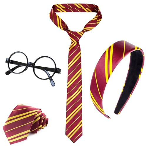 Xerteam Magische Kostüm Kinder Erwachsene Accessoires, Gestreifte Krawatte Haarreif Runder Brillen, Wizard Umhang Zubehör Faschingskostüm, Haarschmuck für Karneval Party Cosplay Uniform (Rot)