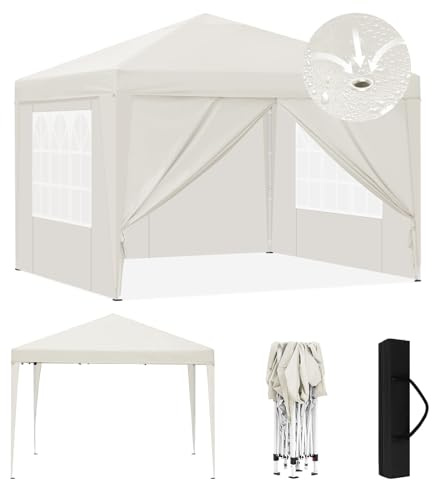 Laneetal Tonnelle Pliante 3x3m, Pavillon Imperméable, Tonnelle de Jardin, Tente Pliable, Barnum Réglable en Hauteur avec Parois Latérales et Fenêtres, pour Camping Barbecue Fête Plage, Beige