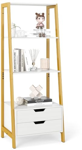 COSTWAY Estanteria Escalera con 4 Estantes Abiertos y 2 Cajones, Estanteria Libros, Estructura Métalica, Libreria Salon Oficina Cocina Baño, 52 x 40 x 134 cm (Blanco)