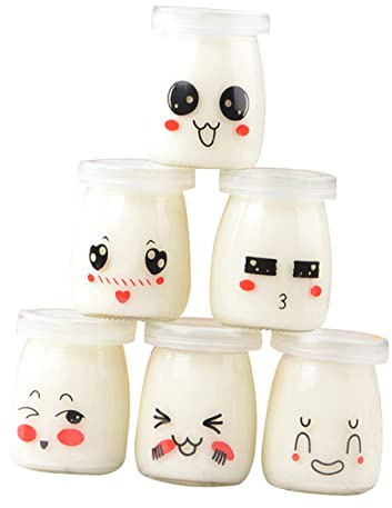 LIFKOME Lot De 6 Pots De Pudding En Verre 200 Ml, Résistant à La Chaleur, Design Expressions Faciales, Pots De Yaourt Réutilisables, Pour Préparation Et Conservation Dessert Maison
