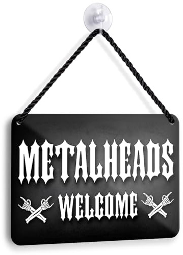 Blechschild METALHEADS WELCOME 18x12cm - Rock Metal Musik Wandschild mit Skelett Hände - Schwarzes Vintage Metallschild mit Kordel & Saugnapf - Heavy Metal Deko für Musikzimmer - Rocker Geschenk