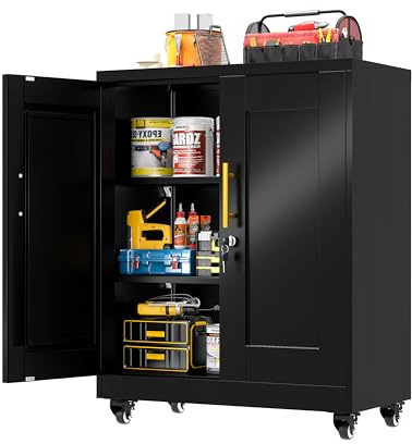 GAIOUS Metal Storage Cabinet with Lock and Wheels, Steel Office Cabinet with 2 Door and 2 Adjustable Shelves, 35” Tall Lockable File Cabinet, Garage Cabinet, Rolling Cabinet for Home Office - Black