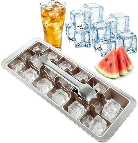 Eiswürfelform Edelstahl 18 Steckplätze, Eiswürfelbehälter mit Hebeleinsatz, Groß Metall Eiswürfel Müheloses Entnehmen für Getränke Whisky