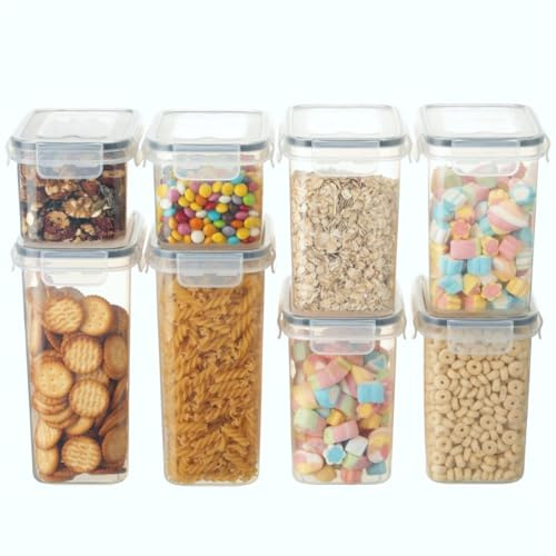 VINATO Set 8 Contenitori Ermetici per Alimenti, Impilabili, Senza BPA – con 24 Etichette, per Pasta, Farina e Cereali