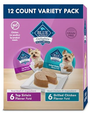Blue Buffalo Delights Small Breed Natural Wet Dog Food Variety Pack, Top Sirloin Paté and Grilled Chicken Paté, 3.5-oz Cups, 12 Count