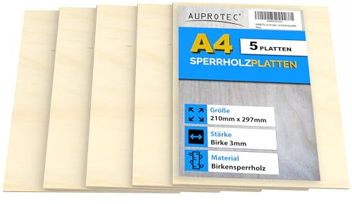 AUPROTEC 5x A4 Sperrholz-Platten Birke 3mm Multiplexplatten (210 mm x 297 mm) Bastel- und Laubsäge-Holzplatten Birke Massiv Multiplex Holz Industriequalität