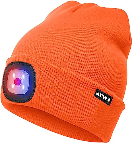 ATNKE LED Beleuchtete Mütze,Wiederaufladbare USB 4 LED Rot und Blau Leuchten Blinkender Laufmütze mit Licht Extrem Heller Lampe Winter Warme für Herren und Damen Geschenke