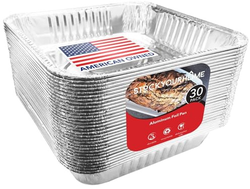 Stock Your Home 9x9 Aluminum Foil Pans - 8.75 L Rim (30 Pack) Square Tins for Toaster Oven- Cooking Lasagna, Casserole, and Doing Food Prep - Disposable Baking Pan for Cake or Brownie Dish