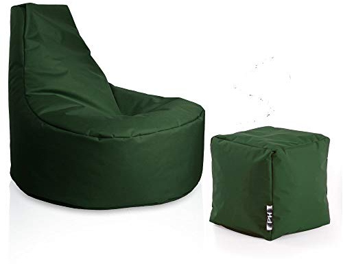 PATCH HOME Gamer Sessel inkl. Würfel Bean Bag Set Ø75cm, 30cm Sitzhöhe, 80cm Höhe + 35x35cm Würfel Dunkelgrün