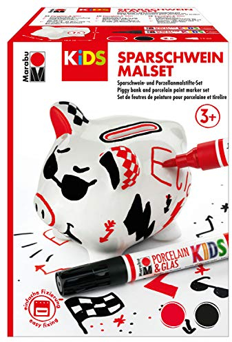 Marabu 0125000000100 - KiDS Porcelain & Glas Painter, Sparschwein Malset, lustiges Porzellanschwein zum Bemalen und Verzieren mit Porzellanmalstiften für Kinder, Rot