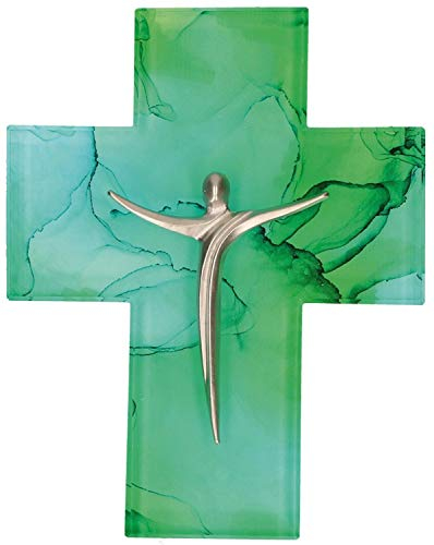 Butzon & Bercker Glaskreuz mit Metallkorpus (14,5x11,5 cm) von Kerstin Stark – Modernes Kruzifix in Grün, Design-Wandkreuz aus Glas & Metall, Geschenk von Butzon & Bercker