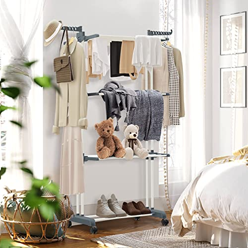 Trintion Wäscheständer 4 Ablagen Wäschetrockner Turm mit 4 Rollen Ausziehbare Kleiderständer mit 2 Klappbare Flügel Tragbarer Faltbar Standtrockner Trockenregalen für Innen und Außen (Grau)