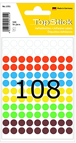 TopStick 1351 Punktaufkleber Klebepunkte bunt, 540 Stück, Ø 8 mm, 108 pro Bogen, selbstklebend, Markierungspunkte für Kalender Planer Basteln, matt, blanko Papier Farbpunkte Aufkleber