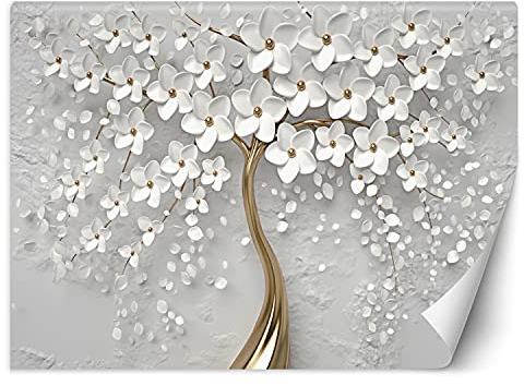 Feeby Wandtapete Fototapete Vlies Abstrakt 3D-Effekt 250x175 cm Gold Modern Tapete Wohnzimmer Schlafzimmer Blumen Baum 3D-Illusion