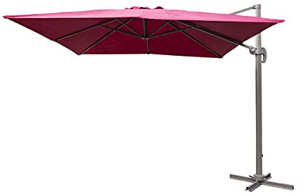 SHATCHI, ombrellone quadrato da 3 m, con base a croce e palo in alluminio da 77 mm, per esterni, spiaggia, patio, riparo a sbalzo, bordeaux