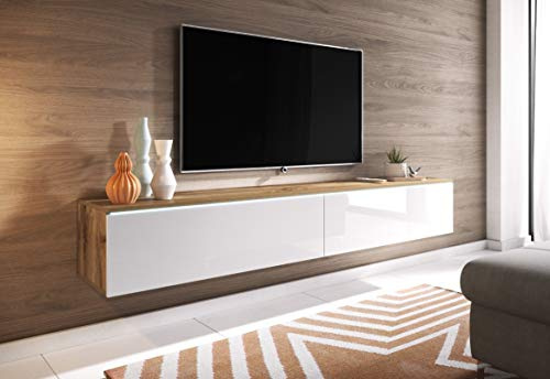 Meuble TV LOWBOARD D 180 cm, support de télévision, meuble TV suspendu, blanc, béton (Wotan / blanc brillant avec éclairage LED)