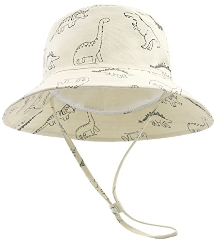 SEYUFN Bob Sonnenhut Baby-Fischerhut mit breiter Krempe Sonnenhut mädchen Verstellbarer Baumwollhut UV-Schutz Sommerhut für Kinder(Beige Dinosaurier,2-4 Jahre)