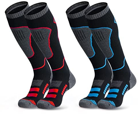 visionreast 2 Paar Skisocken Herren & Damen Merino Wollsocken Atmungsaktive Skistrümpfe Kompressionsstrümpfe Kniehoch für Wintersport, Snowboard Thermosocken Blau/Rot L